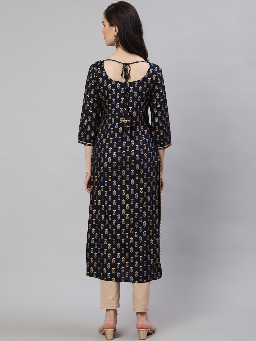 Women's Navy Blue Ethnic Printed Straight Kurta with Three Quarter Sleeves