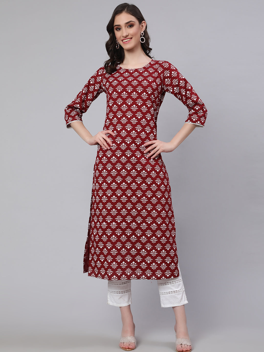Women's Maroon Printed Straight Kurta With Three Quarter Sleeves