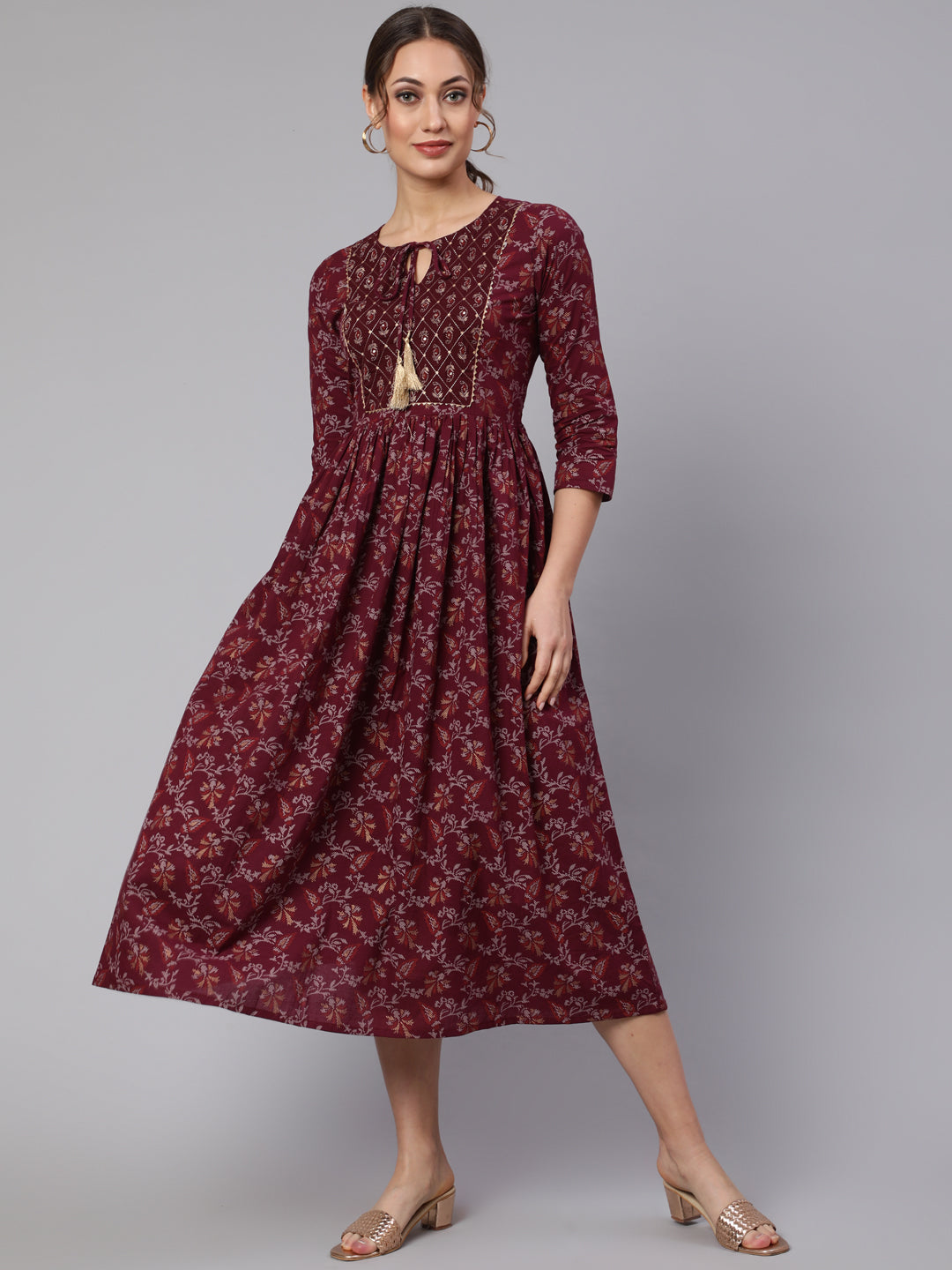 Women's Wome Burgundy Printed Flared Dress With Three quarter Sleeves