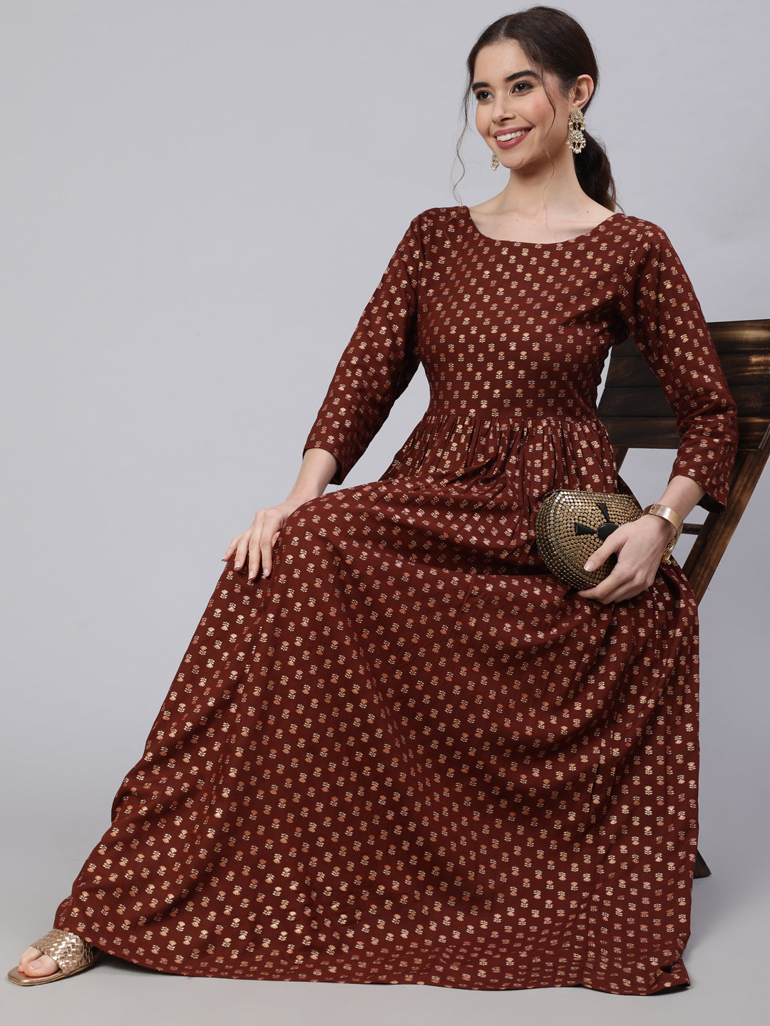 Women's Wome Brown Printed Flared Dress With Three quarter Sleeves