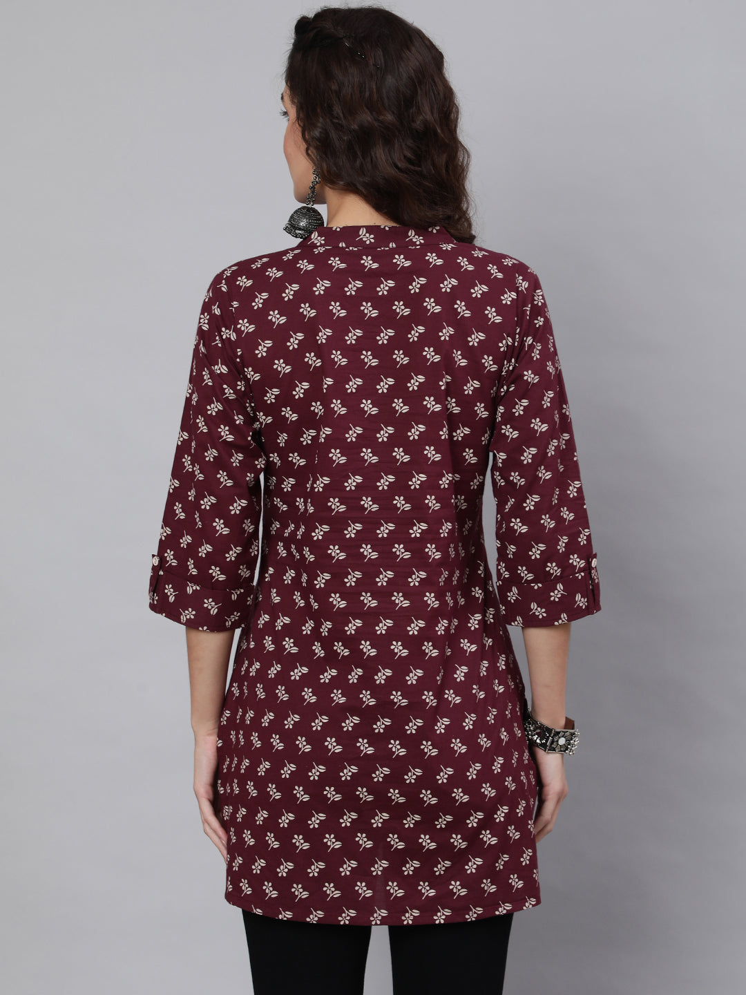 Women's Burgundy Printed Straight Tunic With Three Quaretr Sleeves