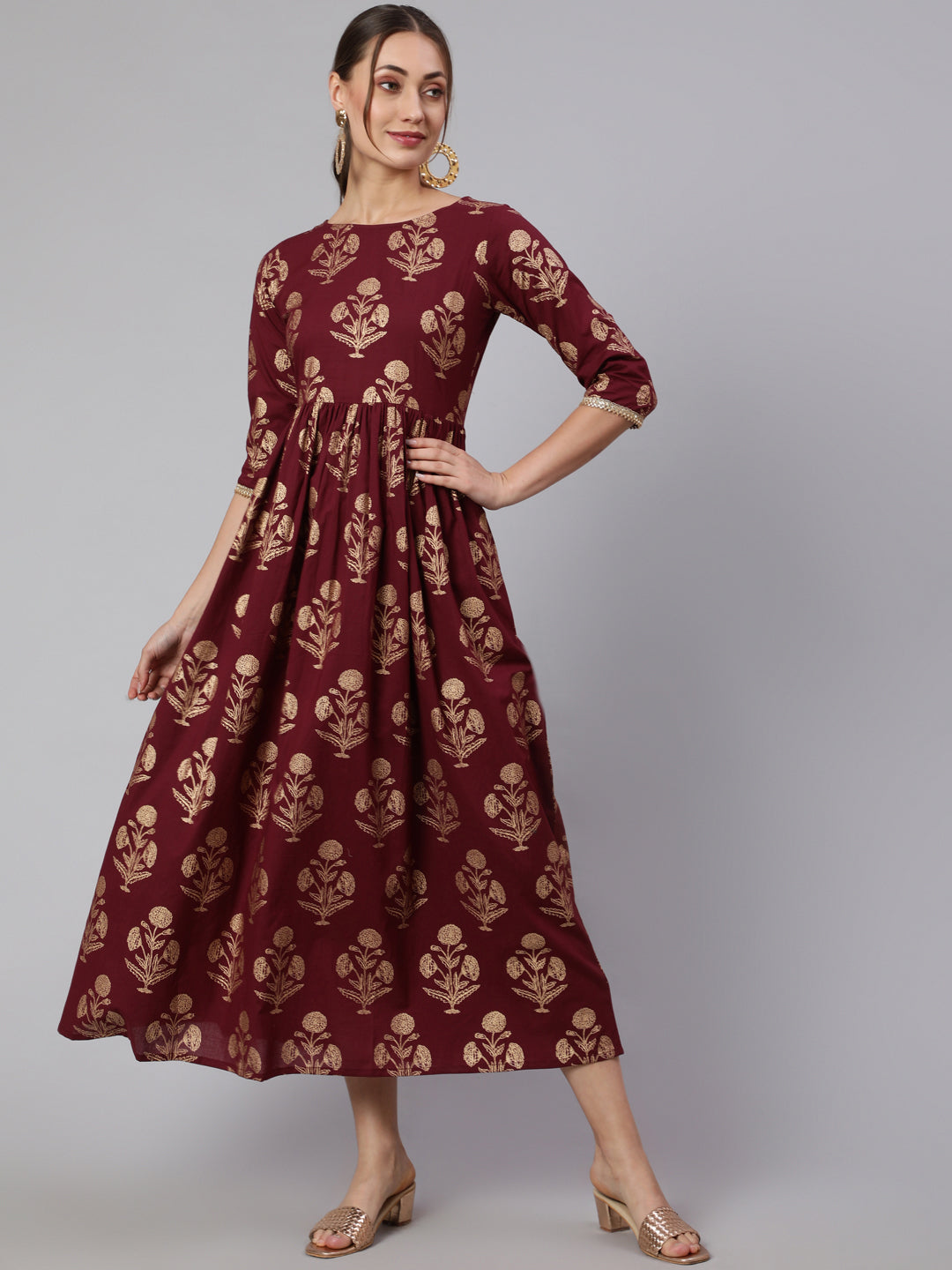 Women's Wome Burgundy Printed Flared Dress With Three quarter Sleeves