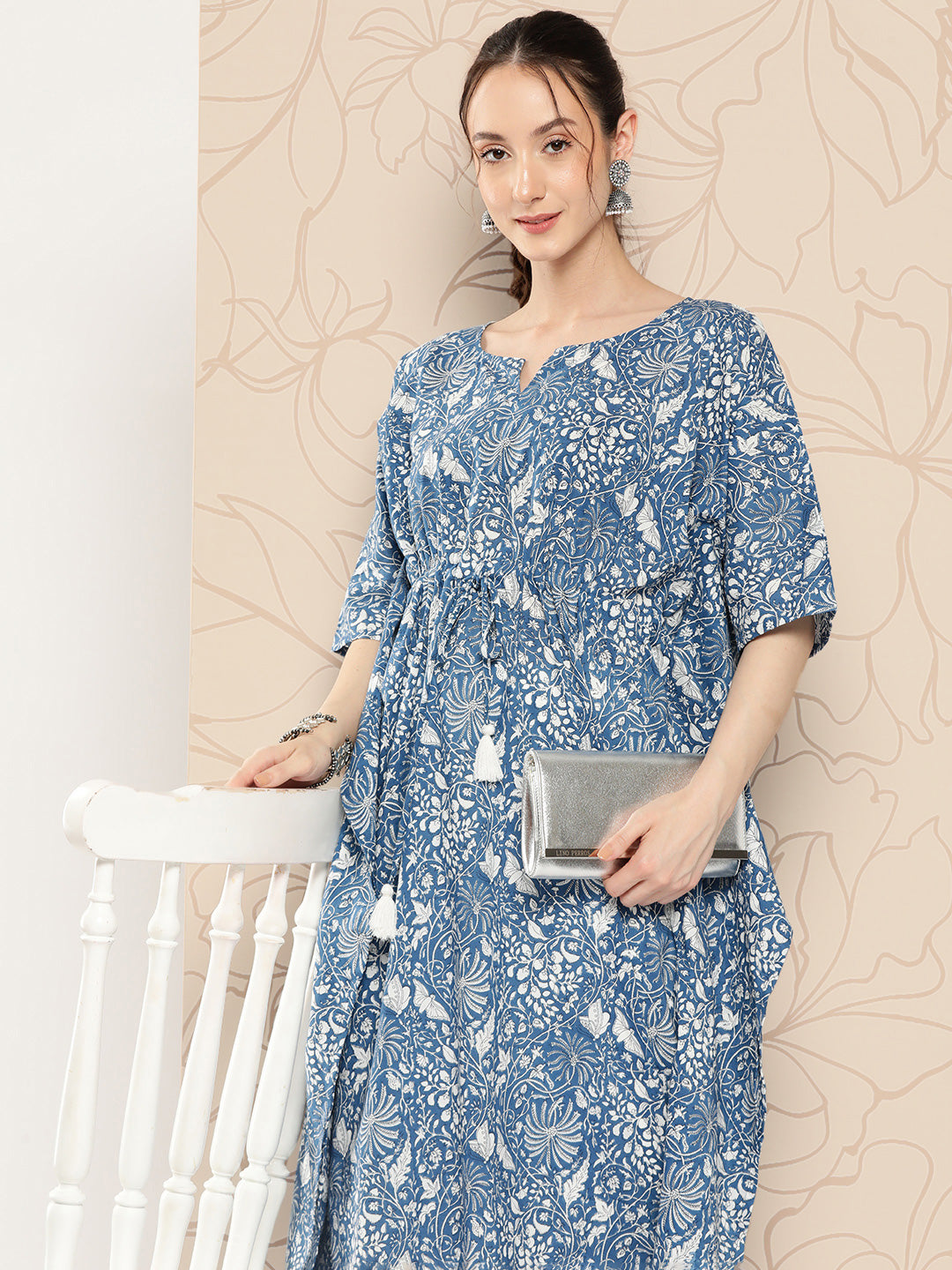 Women's Blue Ethnic Printed Kaftan