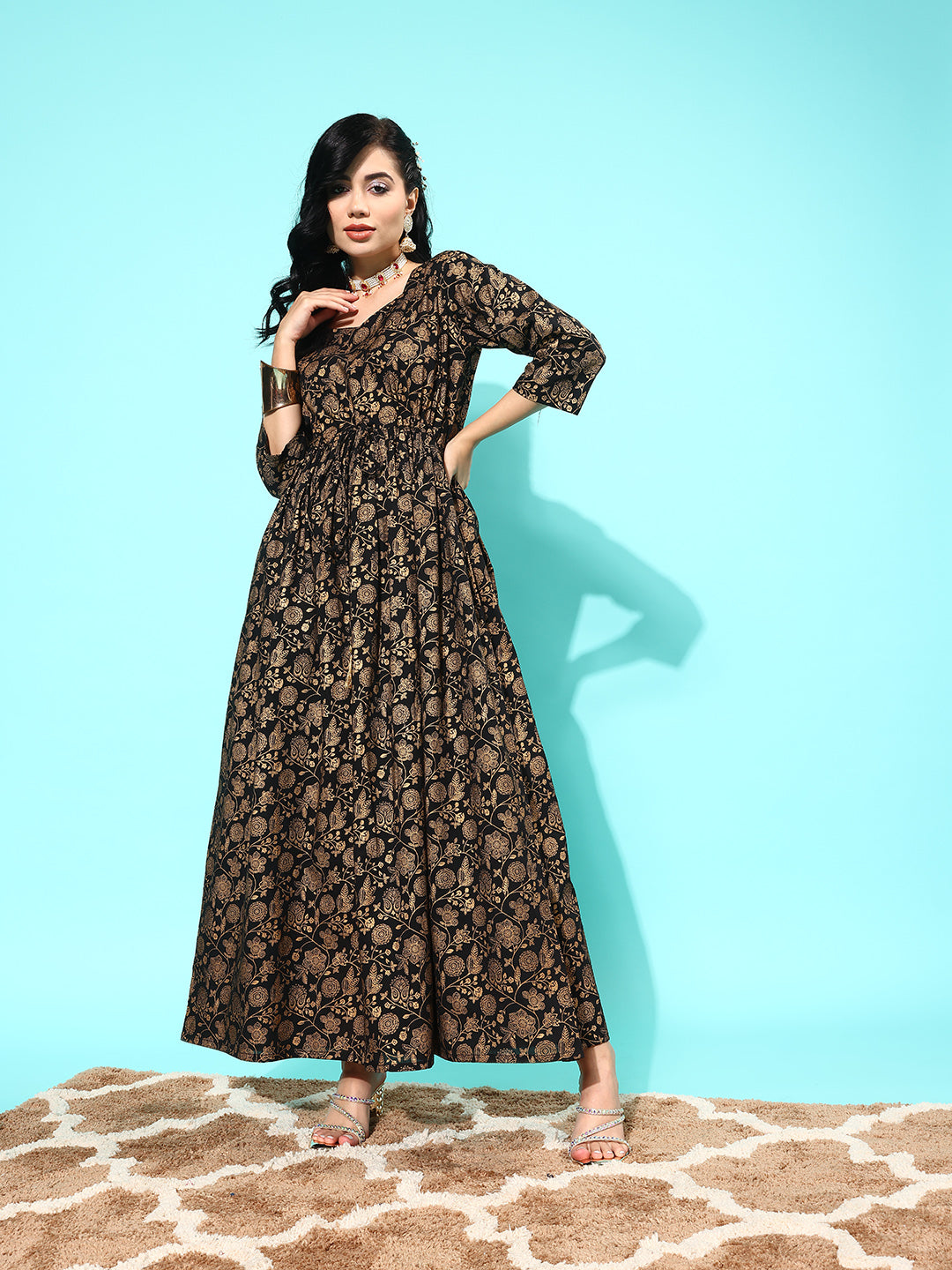 Women's Wome Black Floral Printed Flared Dress With Three quarter Sleeves