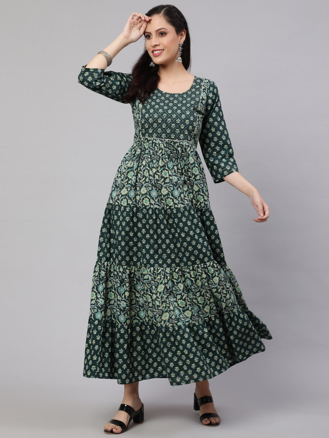 Women's Wome Green Printed Gathered Dress With Gotta Patti & Zari Work