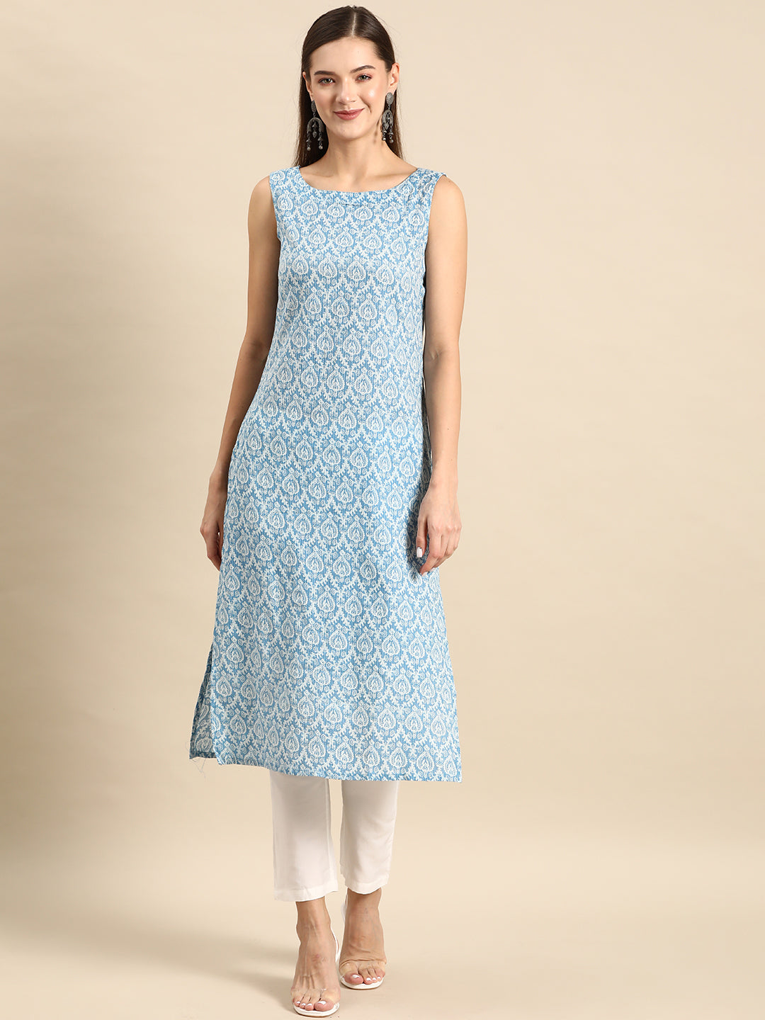 Women's Blue Ethnic Straight Sleeveless Kurta