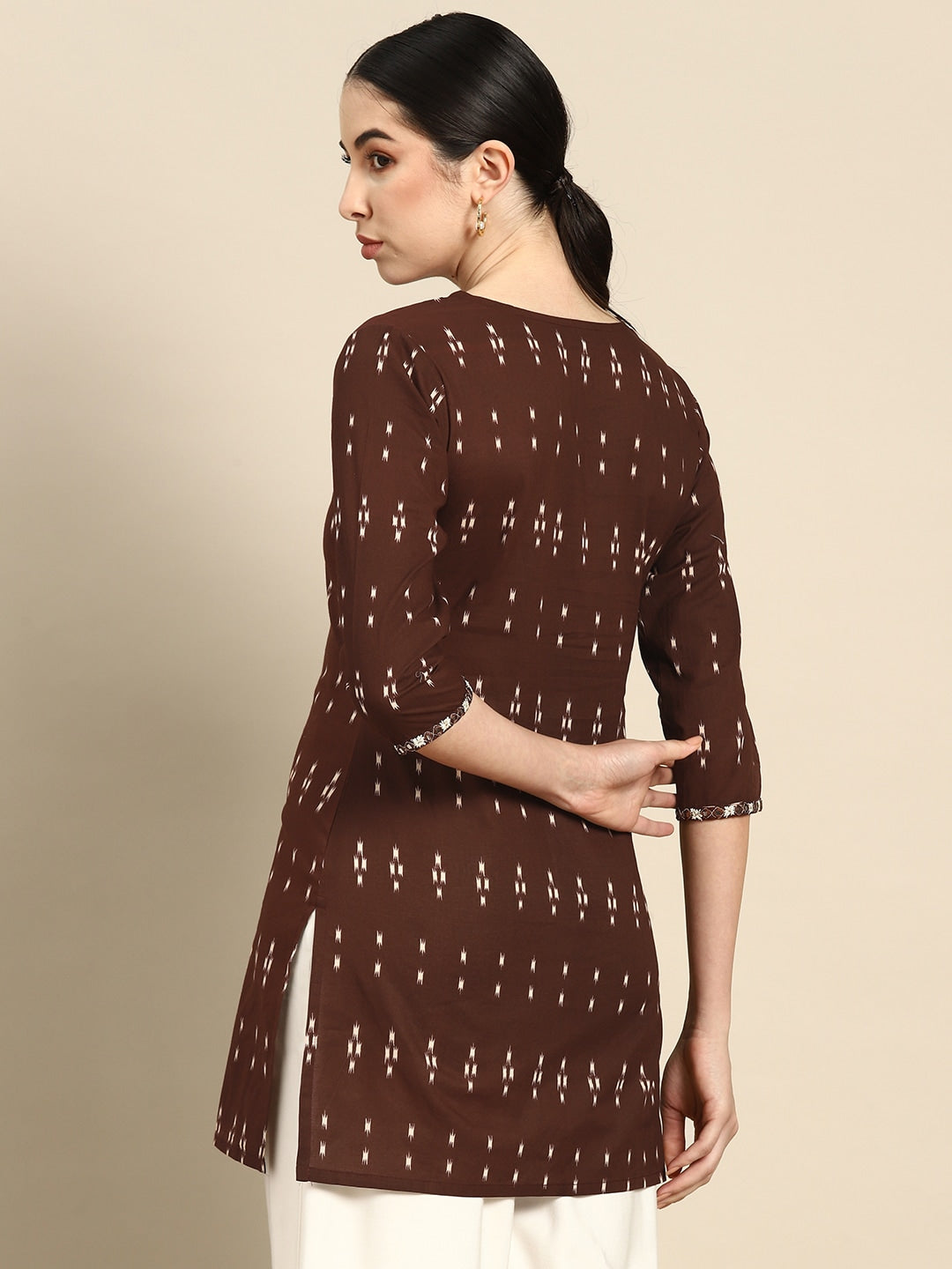 Women's Brown Embroidered Ikat Printed Straight Tunic