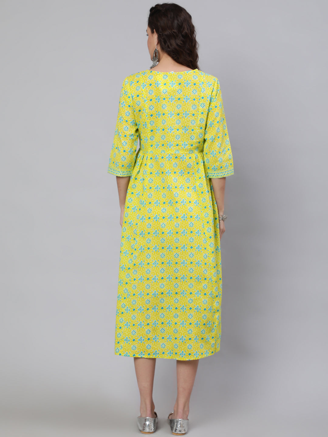Women's Wome Yellow Ethnic Printed Flared Dress With Three Quarter sleeves