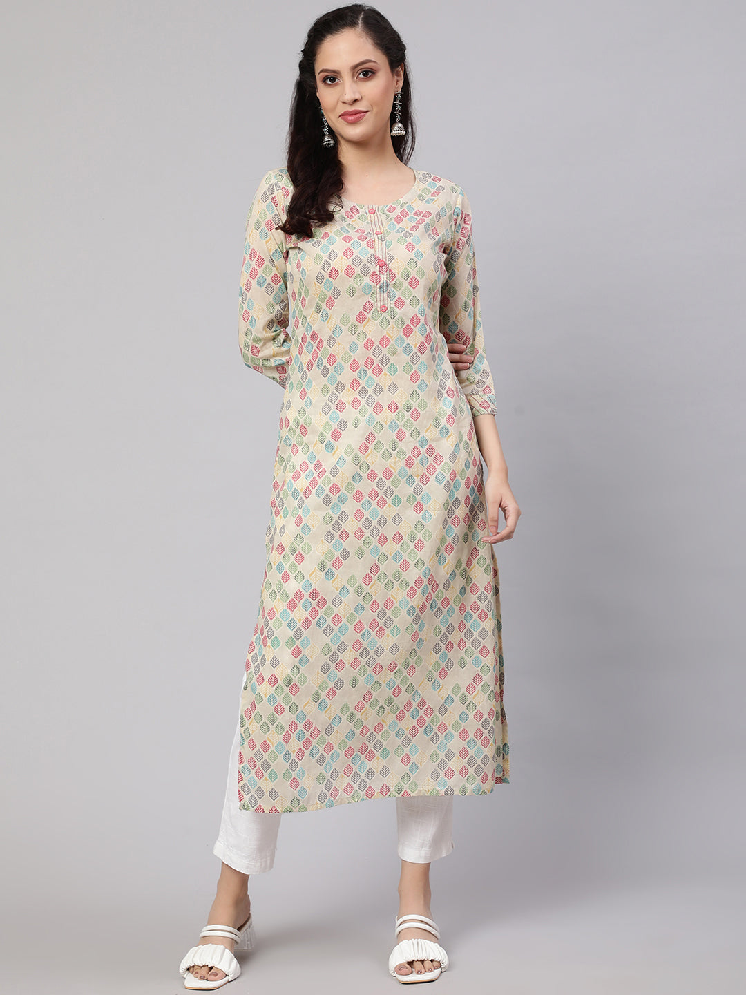 Women's Multi Ikat Printed Straight Kurta with Three Quarter Sleeves