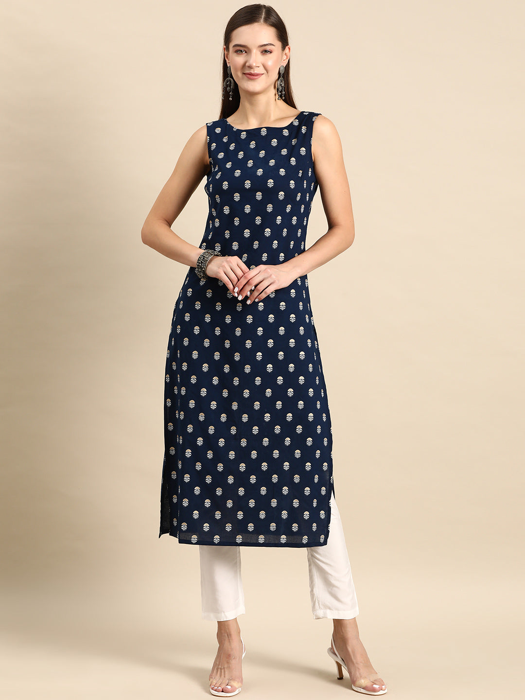 Women's Navy Blue Ethnic Printed Straight Sleevless Kurta