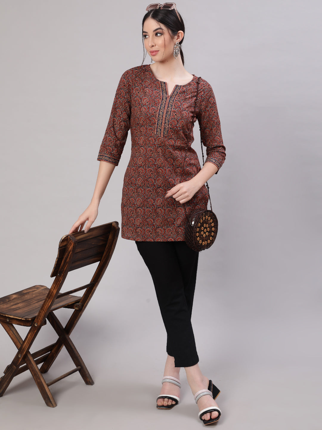 Women's Multi Color Printed Straight Tunic With Three Quarter Sleeves