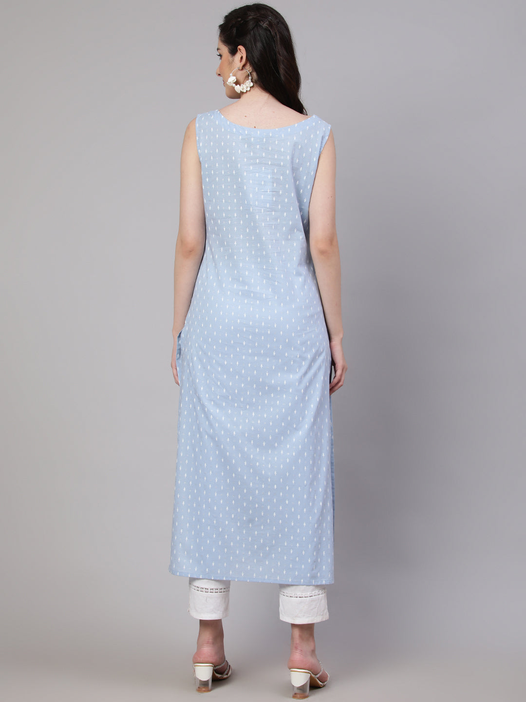 Women's Blue Ethnic Printed Straight Sleevless Kurta