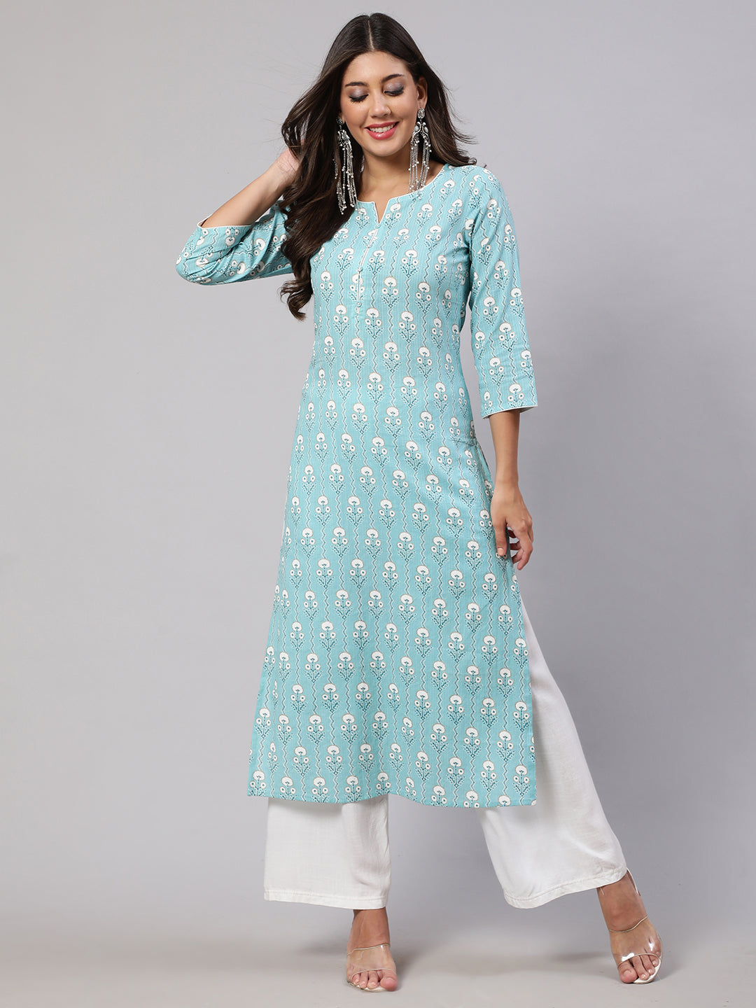 Women's Blue Ethnic Printed Straight Kurta with Three Quarter Sleeves