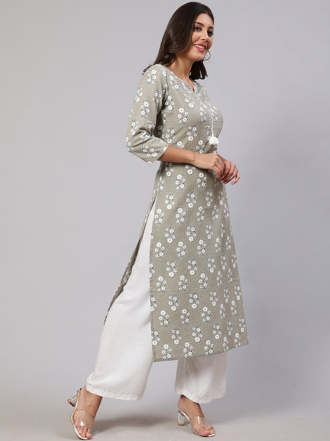 Women's Grey Ethnic Printed Straight Kurta With Three Quarter Sleeves