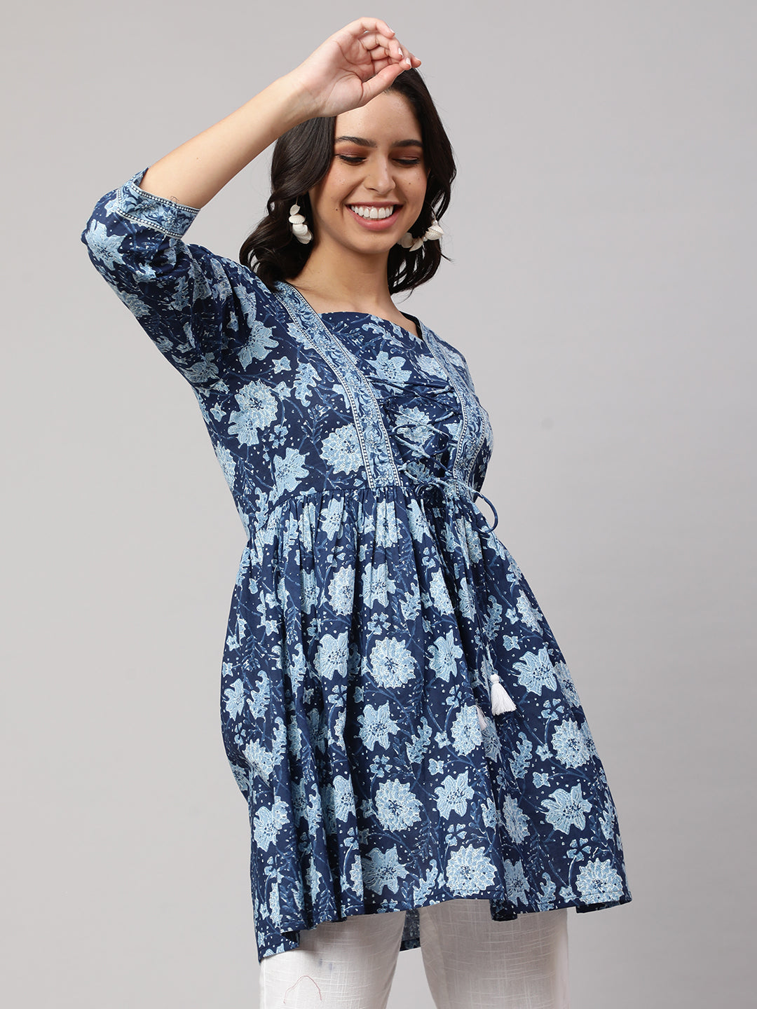 Women's Blue Printed Peplum Tunic