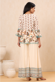 Women's Ivory Rayon Printed Peplum Top Palazzo Set