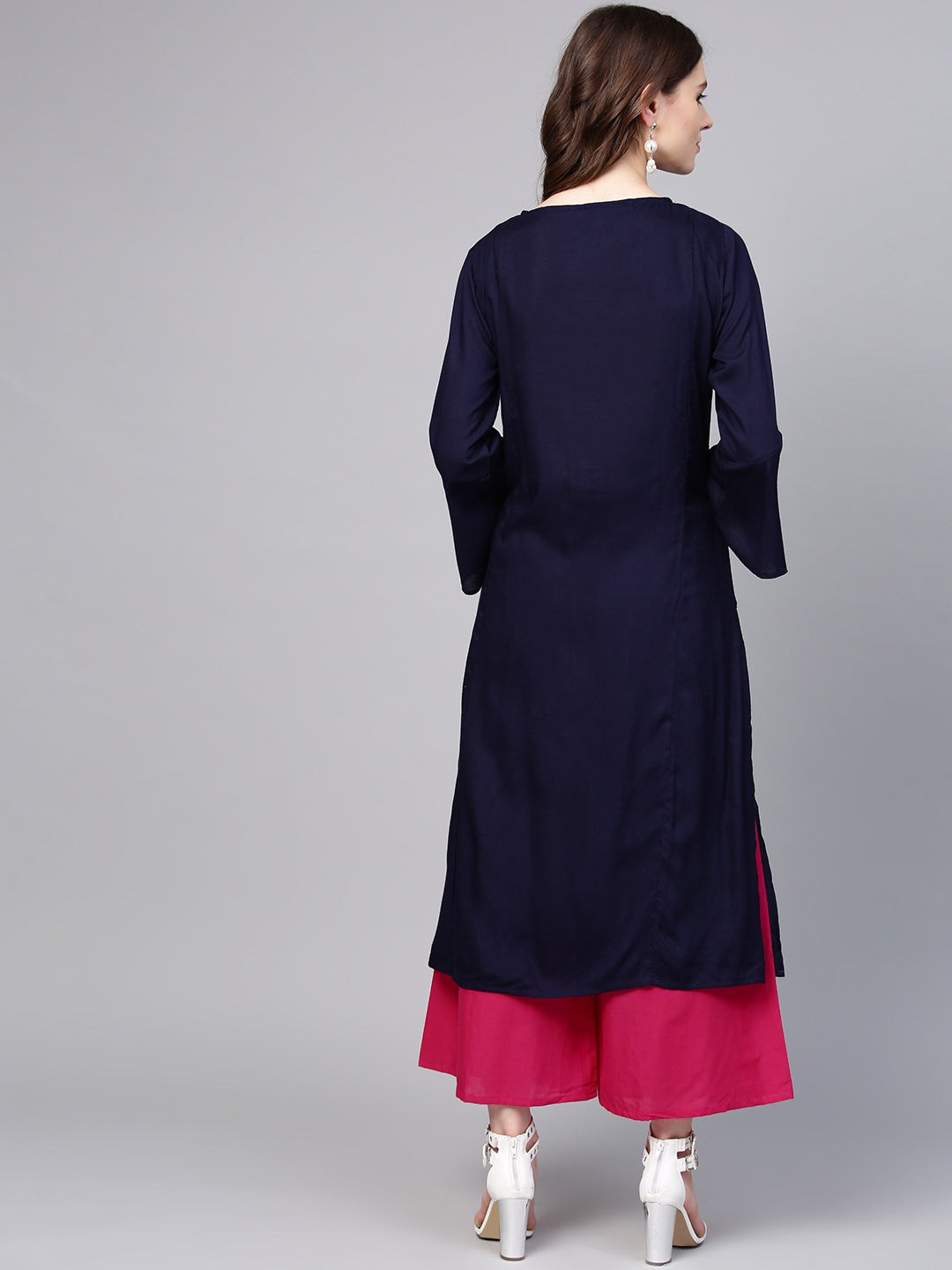 Women's Blue Yoke Design Kurta With Pink Solid Palazzos