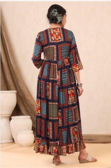 Women's Navy Rayon Printed Flared Dress