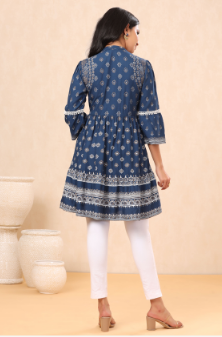 Women's Indigo Rayon Printed Flared Tunic