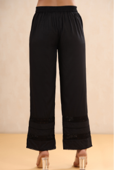 Women's Black Rayon Solid Flared Palazzo with Lacework