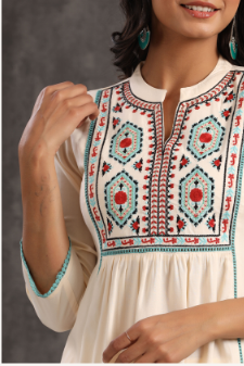 Women's Ivory Rayon Embroidered Peplum Tunic Dhoti Set
