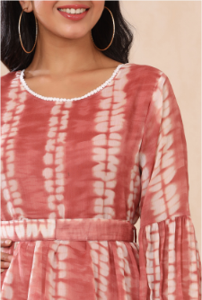 Women's Rust Chiffon Tie & Dye Tiered Dress with Belt
