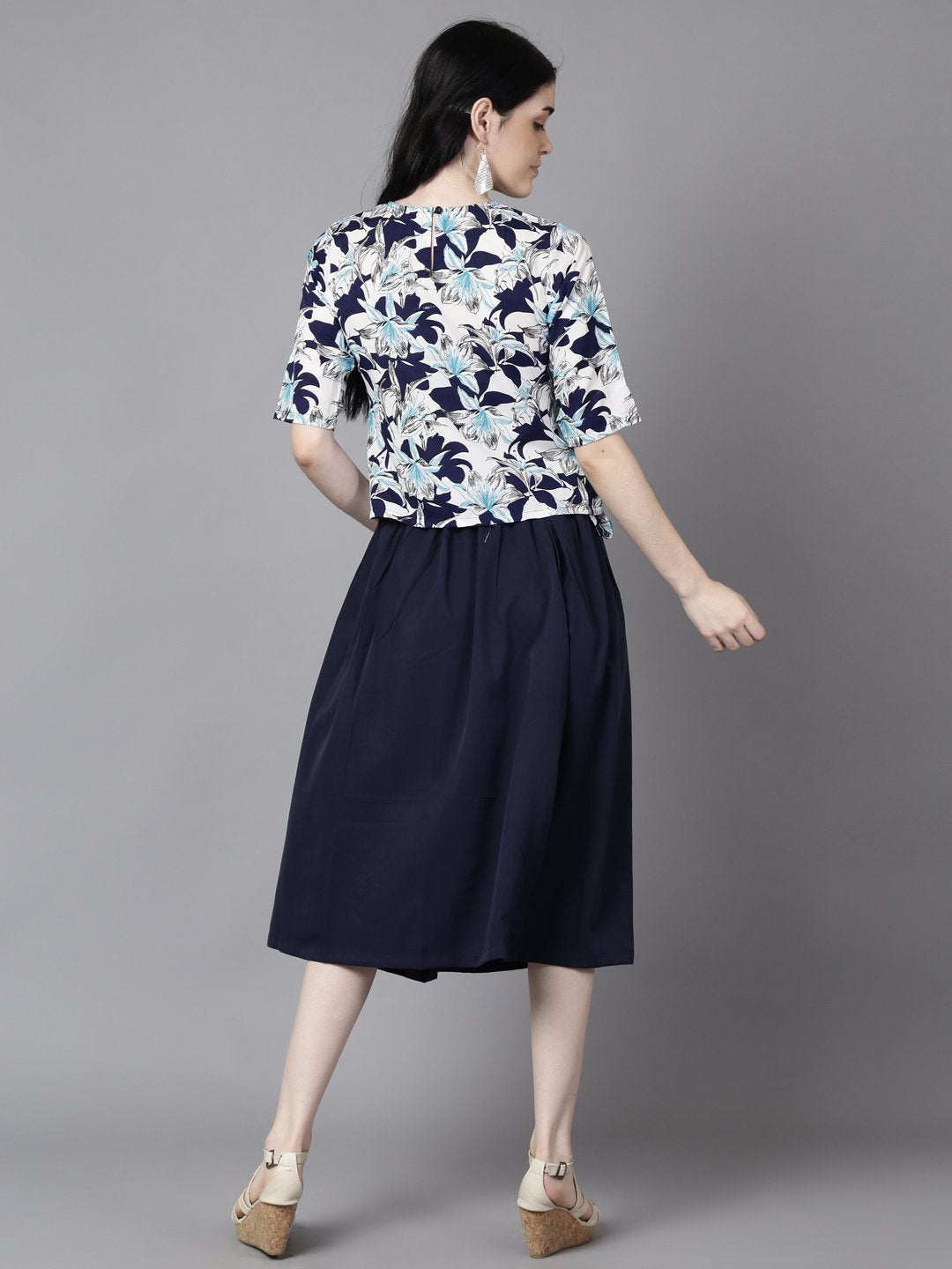 Women's Daima Navy Blue Slip-On Polyester Short Sleeves Skirt And Top Set