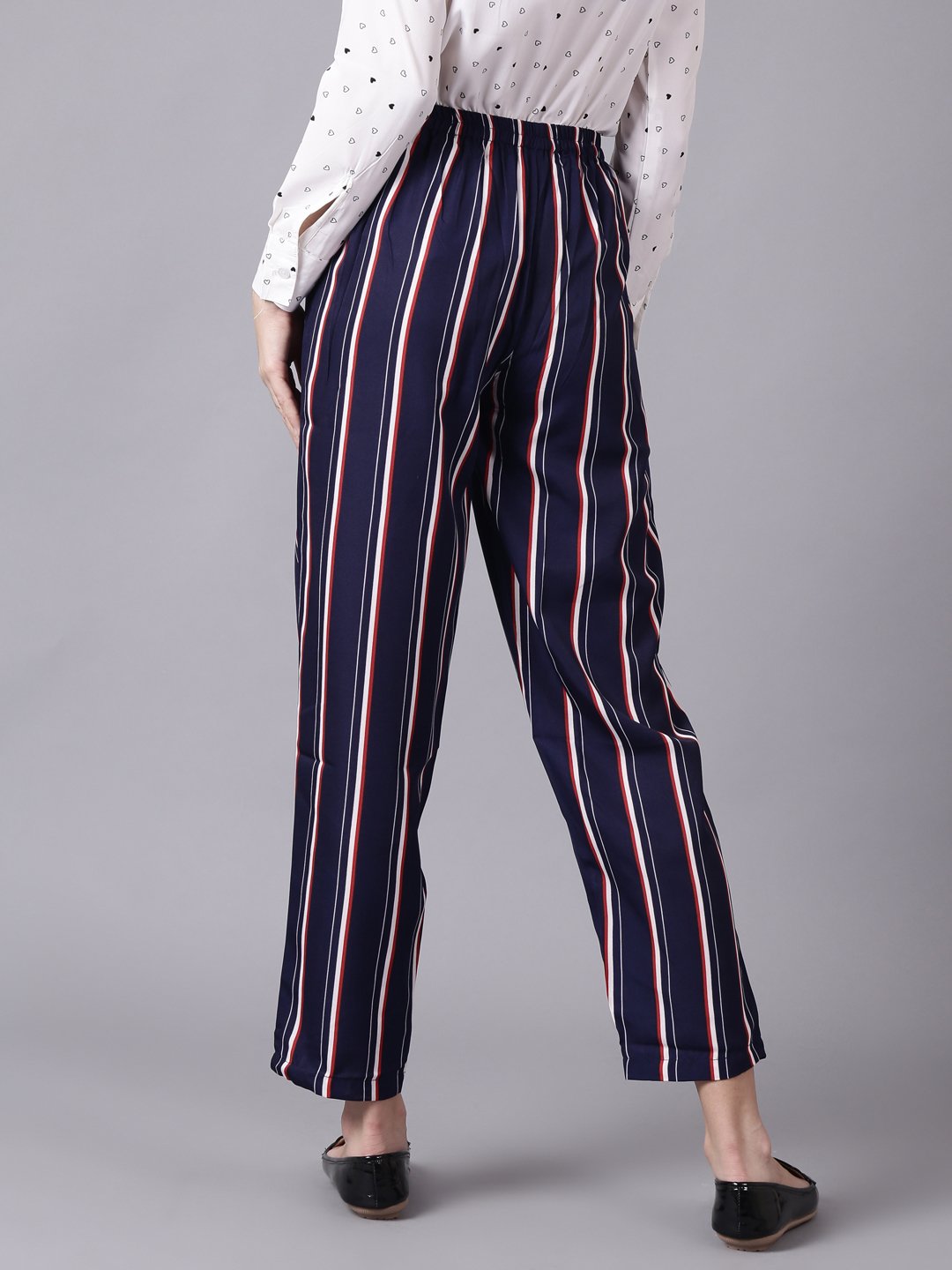 Women's Daima Navy Blue Striped Casual Crepe Trouser