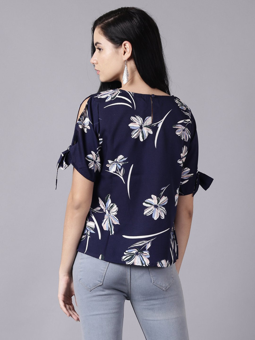 Women's Daima Navy Blue Casual Printed Round Neck Top