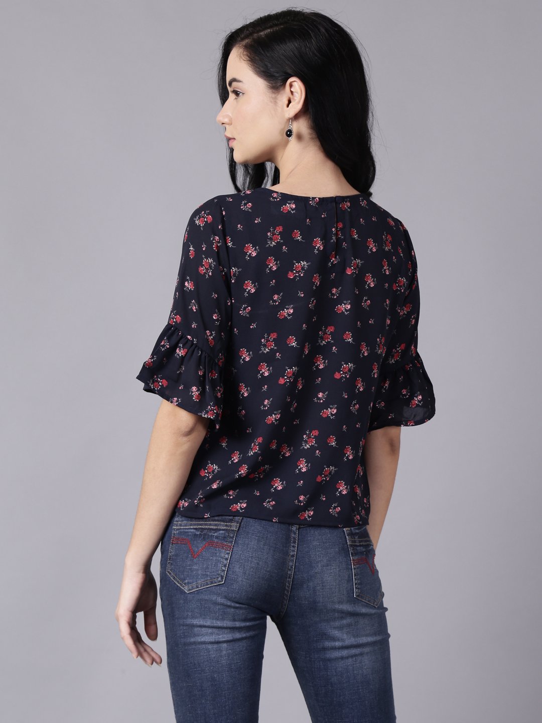 Women's Daima Navy Blue Casual Printed Round Neck Top