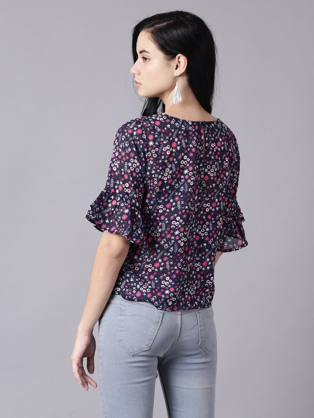 Women's Daima Navy Blue Casual Printed Round Neck Top