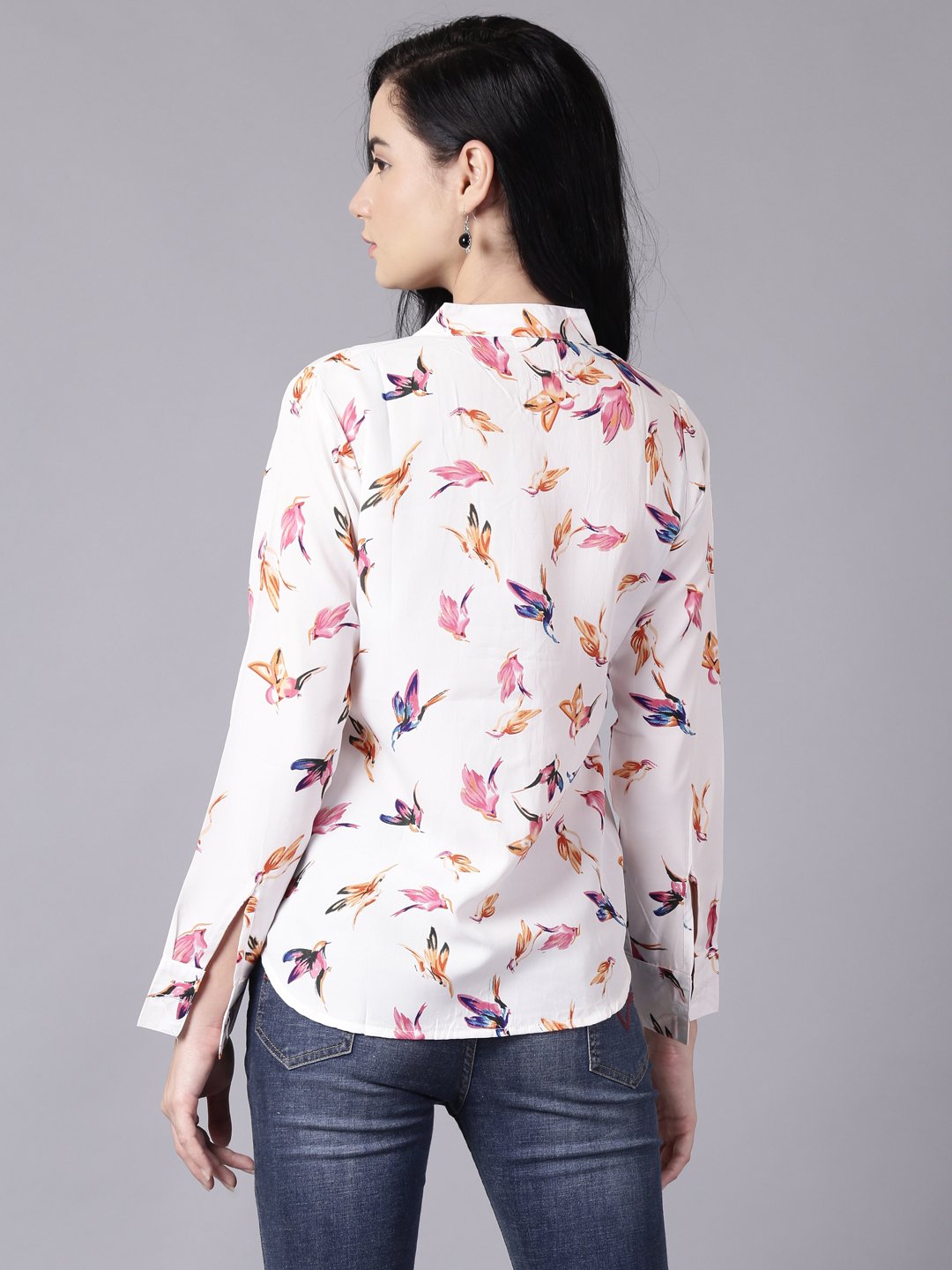 Women's Daima White Regular Printed Mandarin Collar Crepe Shirt