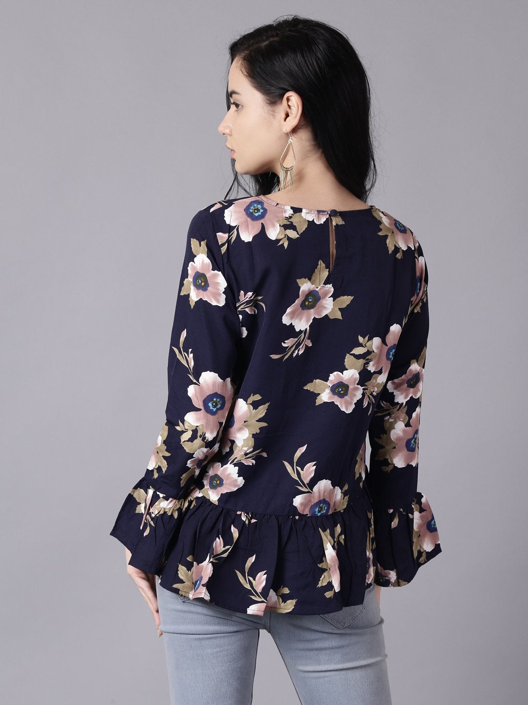 Women's Daima Navy Blue Casual Printed Round Neck Top