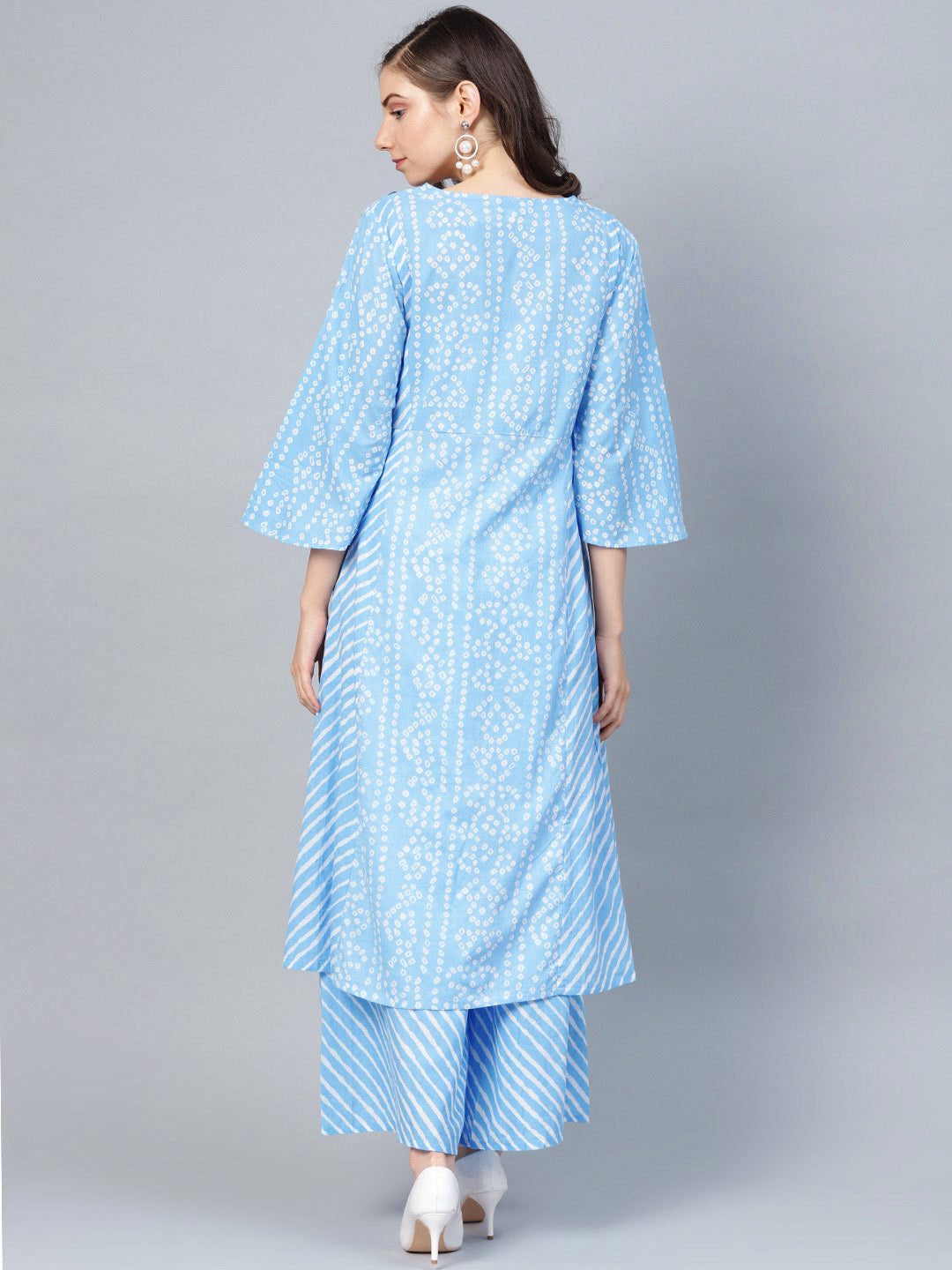 Women's Blue And White Bandhani Print Kurta With Palazzos