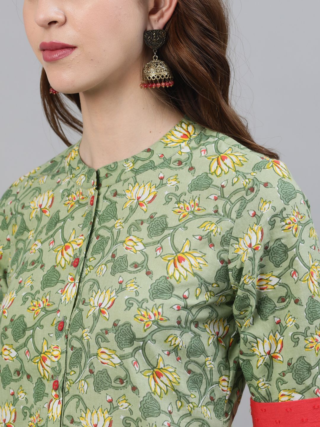 Women's Green Floral Printed Button Down Kurta
