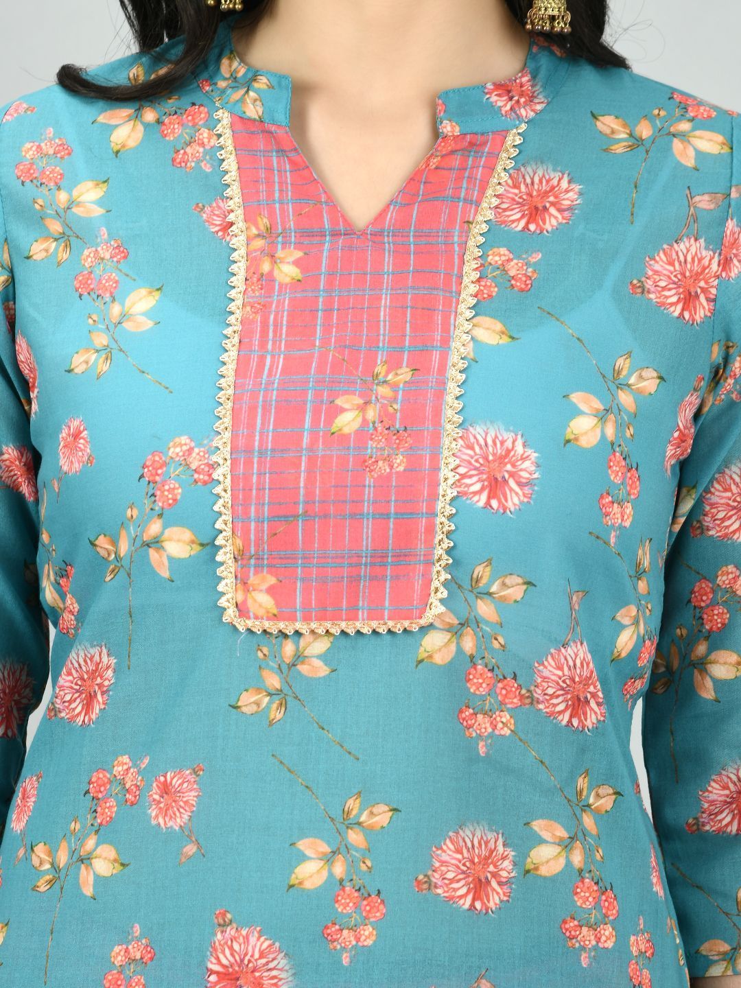 Women's Multi Poly Cotton Printed 3/4 Sleeve Mandarin Neck Casual Kurta Pant Set