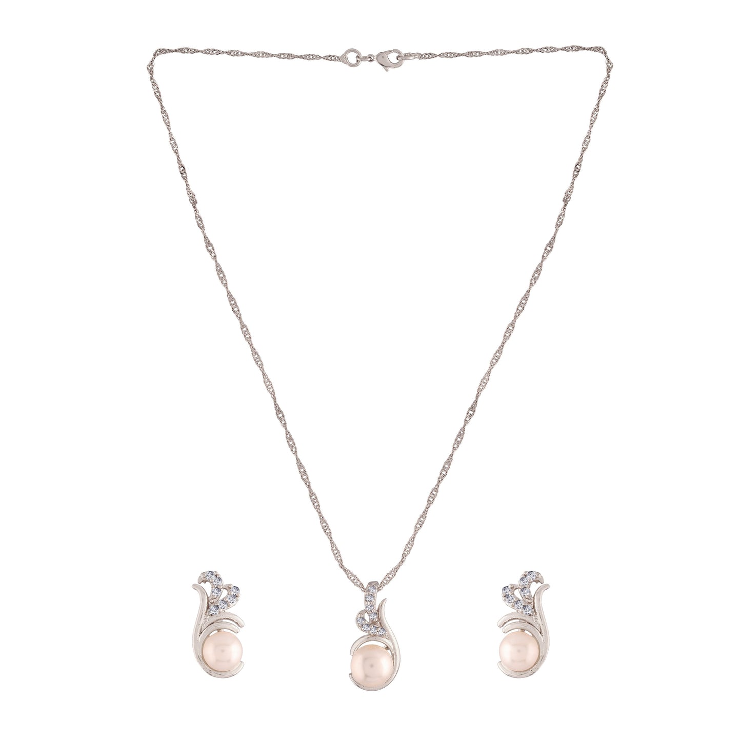 Women's 18k Rhodium Plated Pearl & Cubic Zirconia Twisted Pendant Necklace Set with Earrings
