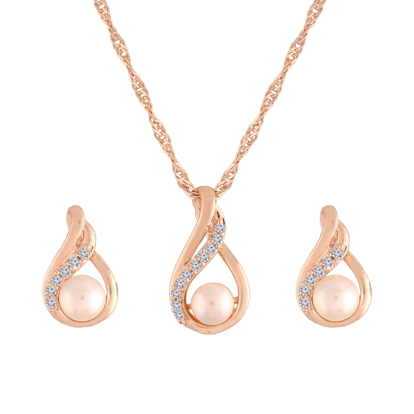 Women's 18k Rose Gold Plated Pearl & Cubic Zirconia Twisted Pendant Necklace Set with Earrings