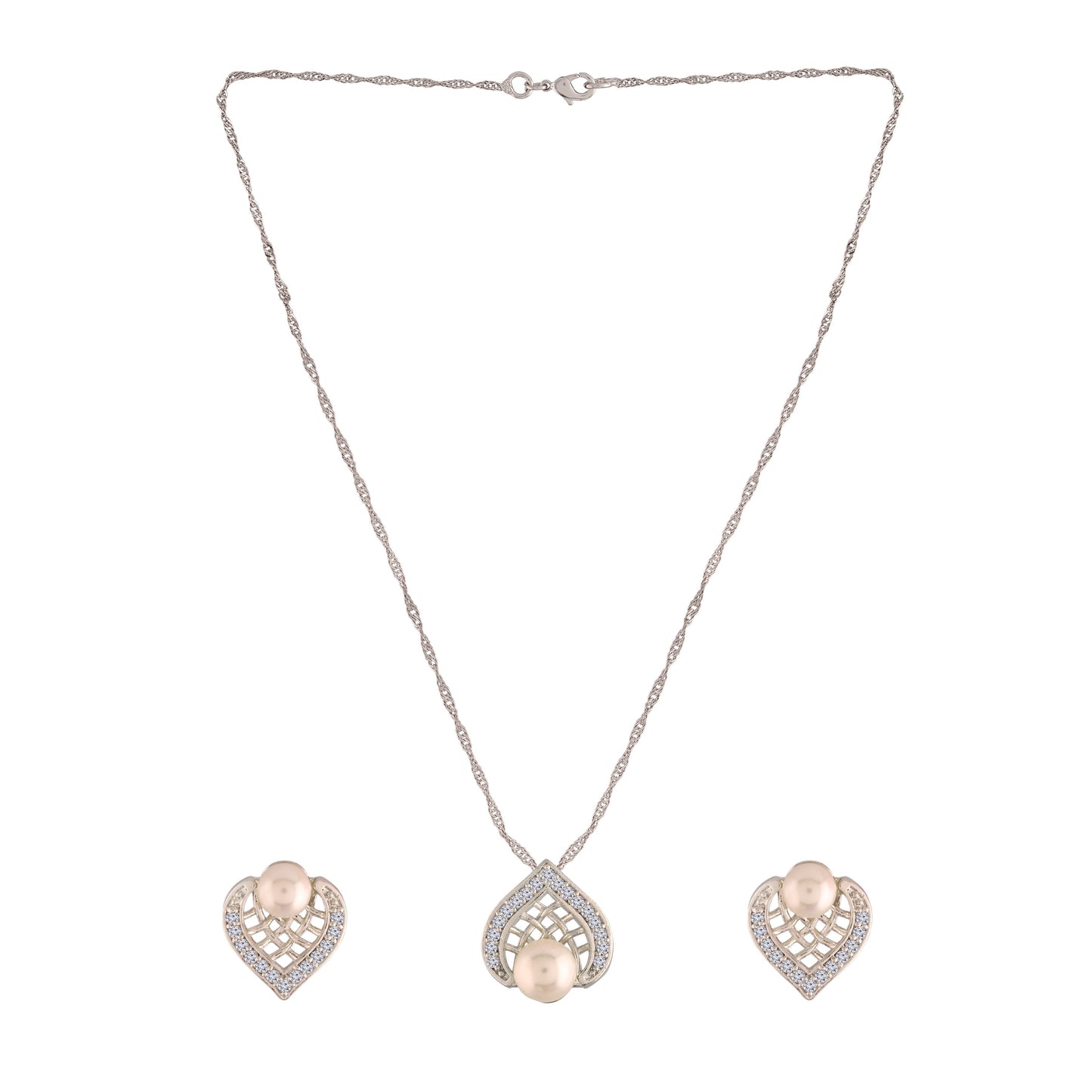 Women's 18k Rhodium Plated Pearl & Cubic Zirconia Twisted Pendant Necklace Set with Earrings
