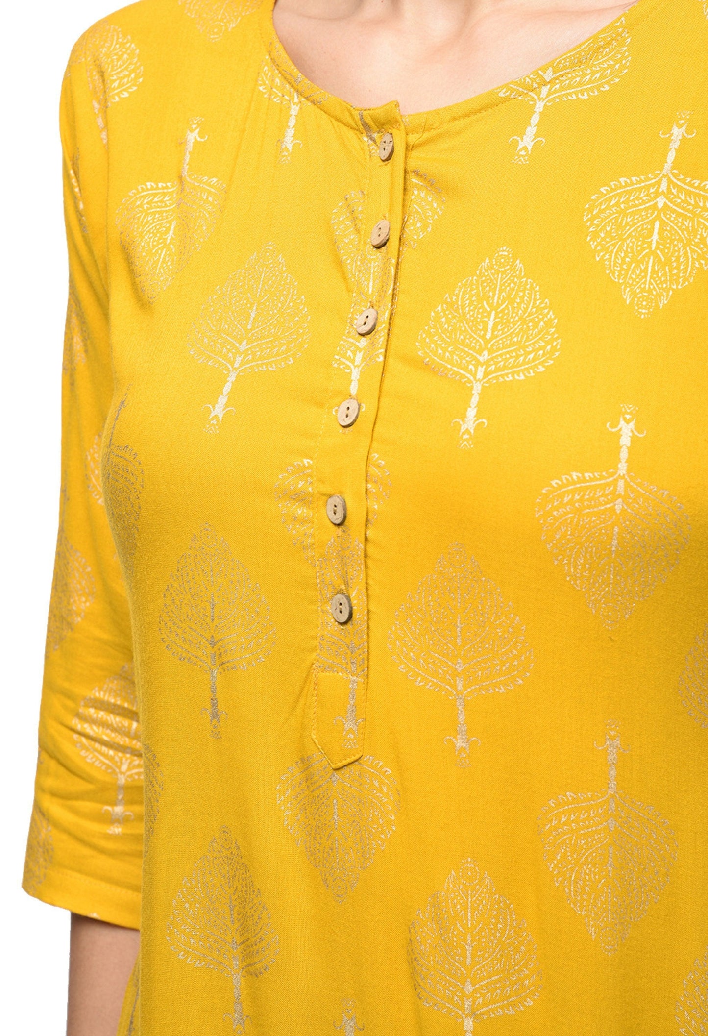 Women's Yellow Rayon Solid Half Sleeve Round Neck Casual Kurta Only