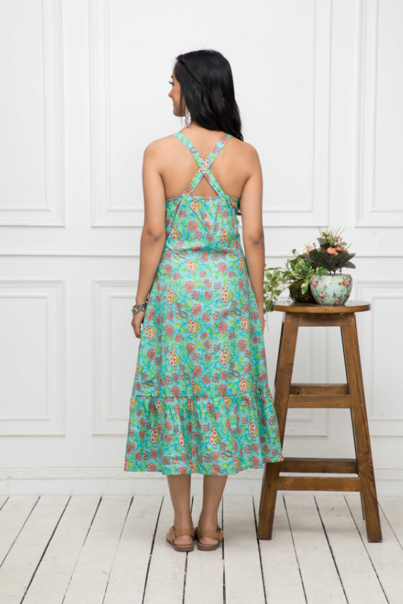 Women's Green Floral Cotton A-Line Round Neck Long Dress