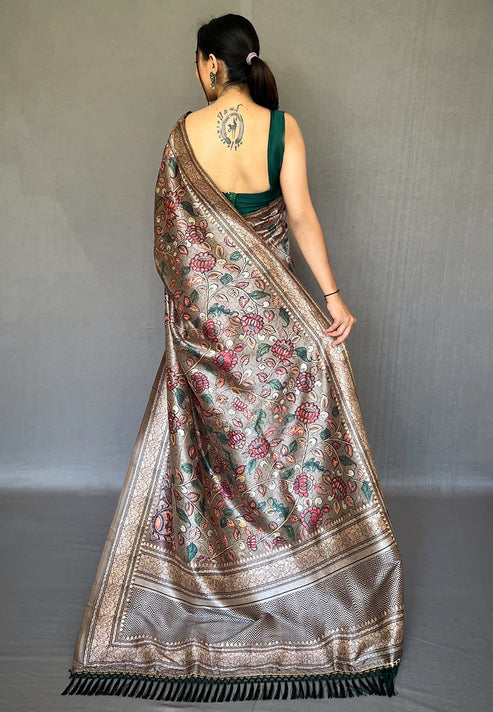 Women's Ash Grey Diva Soft Silk Kalamkari Printed Saree