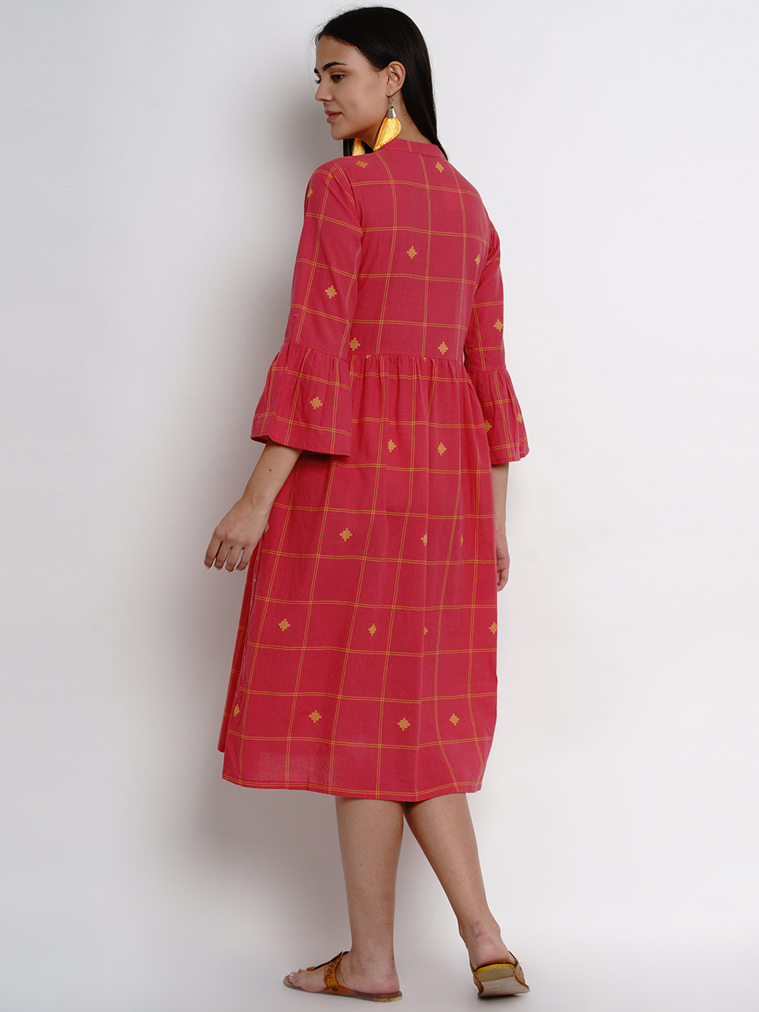 Women's Pink Yellow Plaid A-Line Gathers Detailed Ethnic Dress