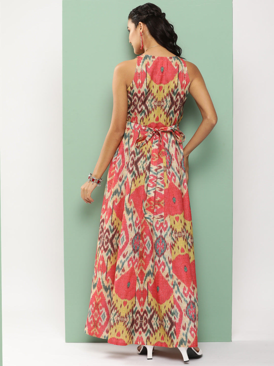 Women's Red Printed Long Dress With Waist Belt
