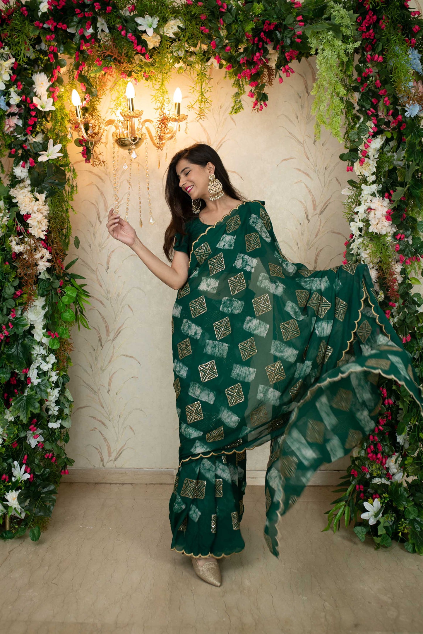 Women's Green Sequin and Thread work saree