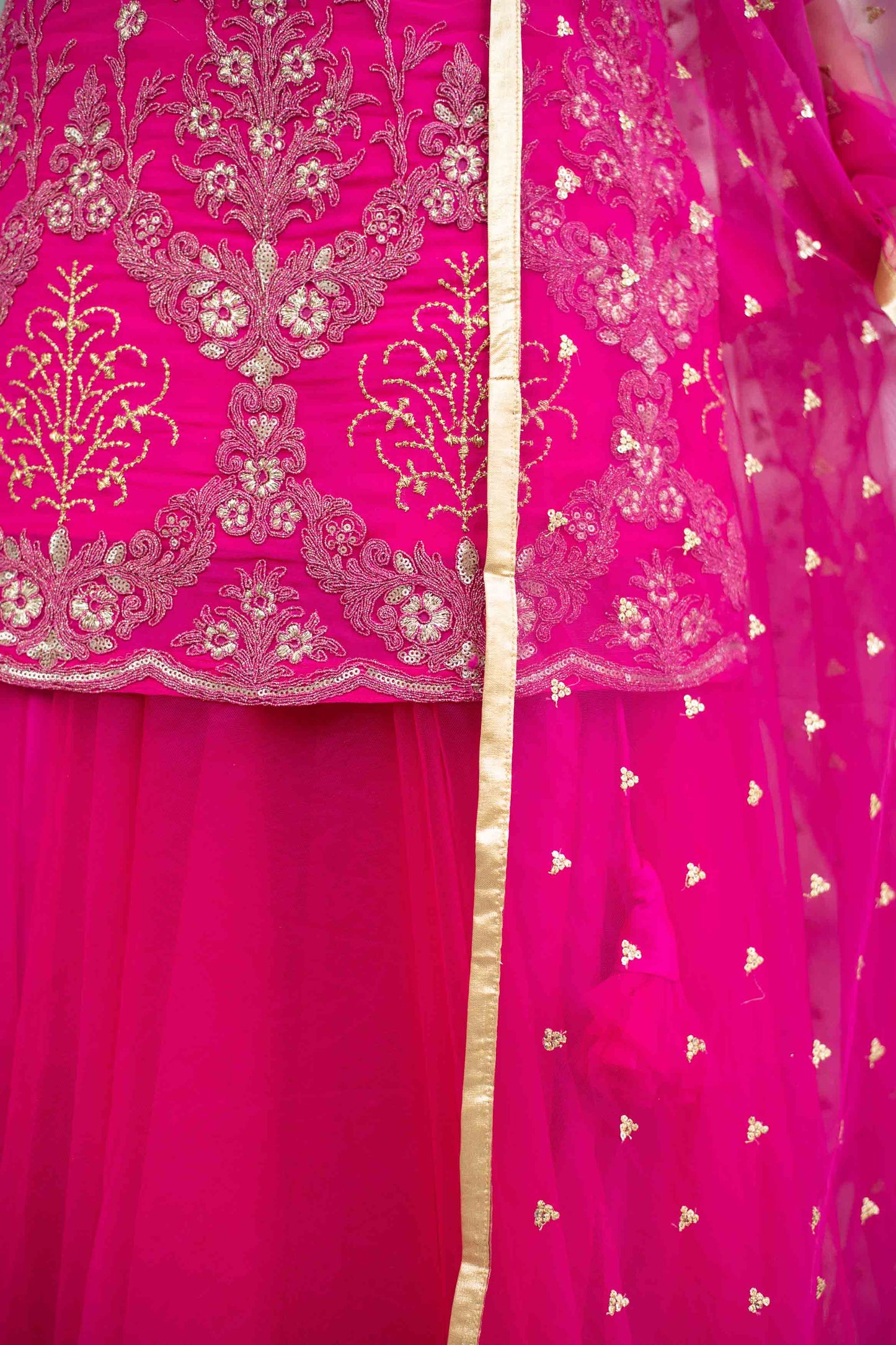 Women's Pink Georgette Heavy Work Kurta With Long Skirt And Net Dupatta (3pc Set)