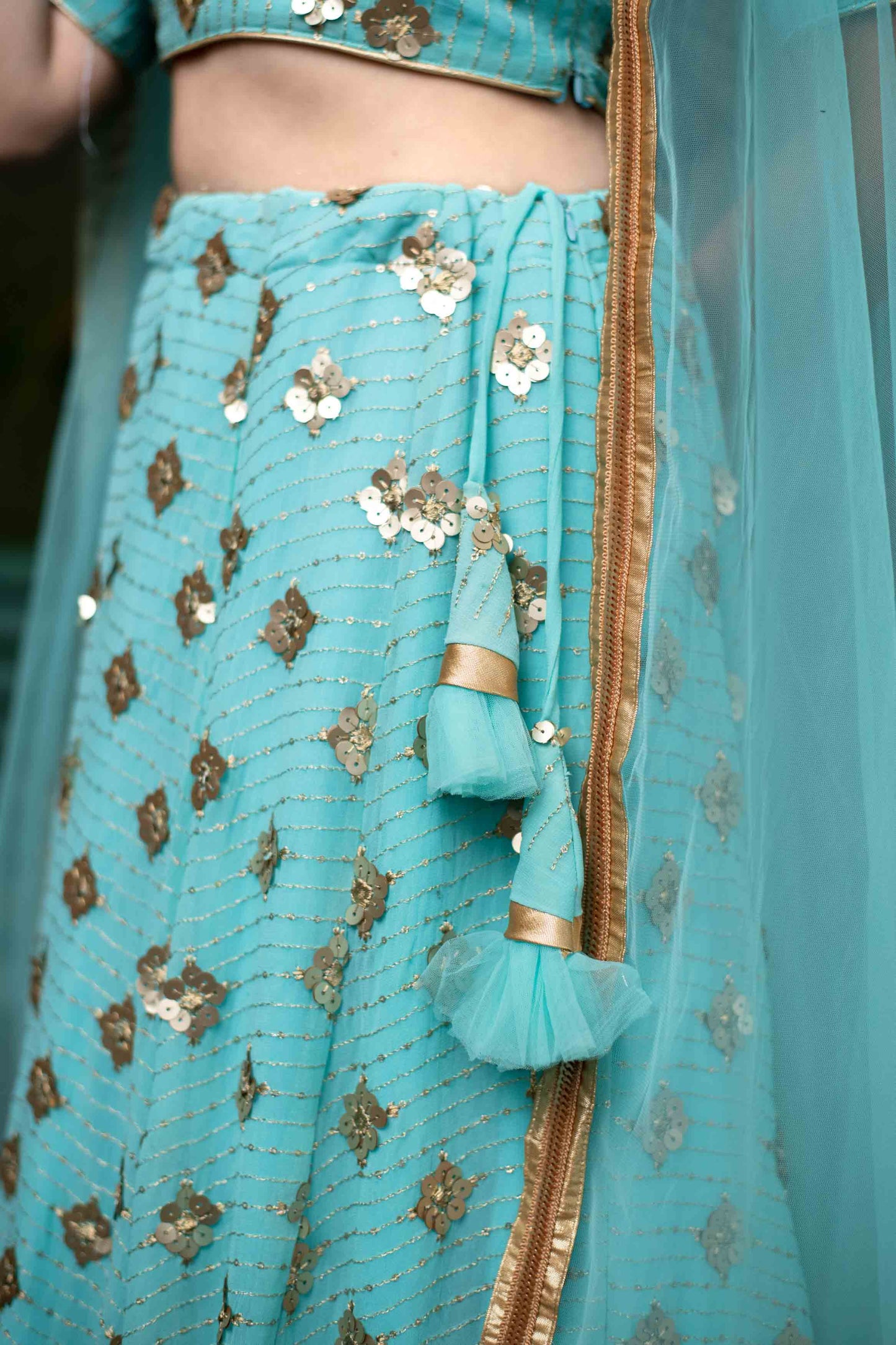 Women's Ice Blue Sequin And Zari Work Lehenga Set (3pcs set)