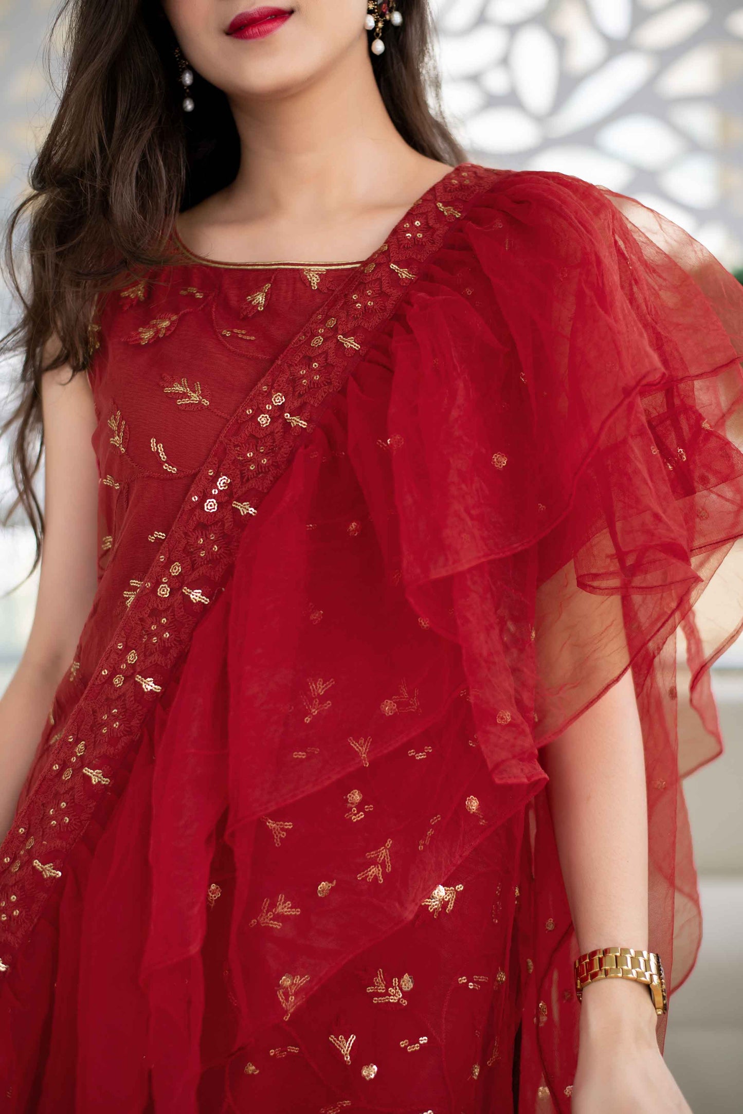 Women's Red Sequin Kurta Suit Set With Net Ruffle Dupat