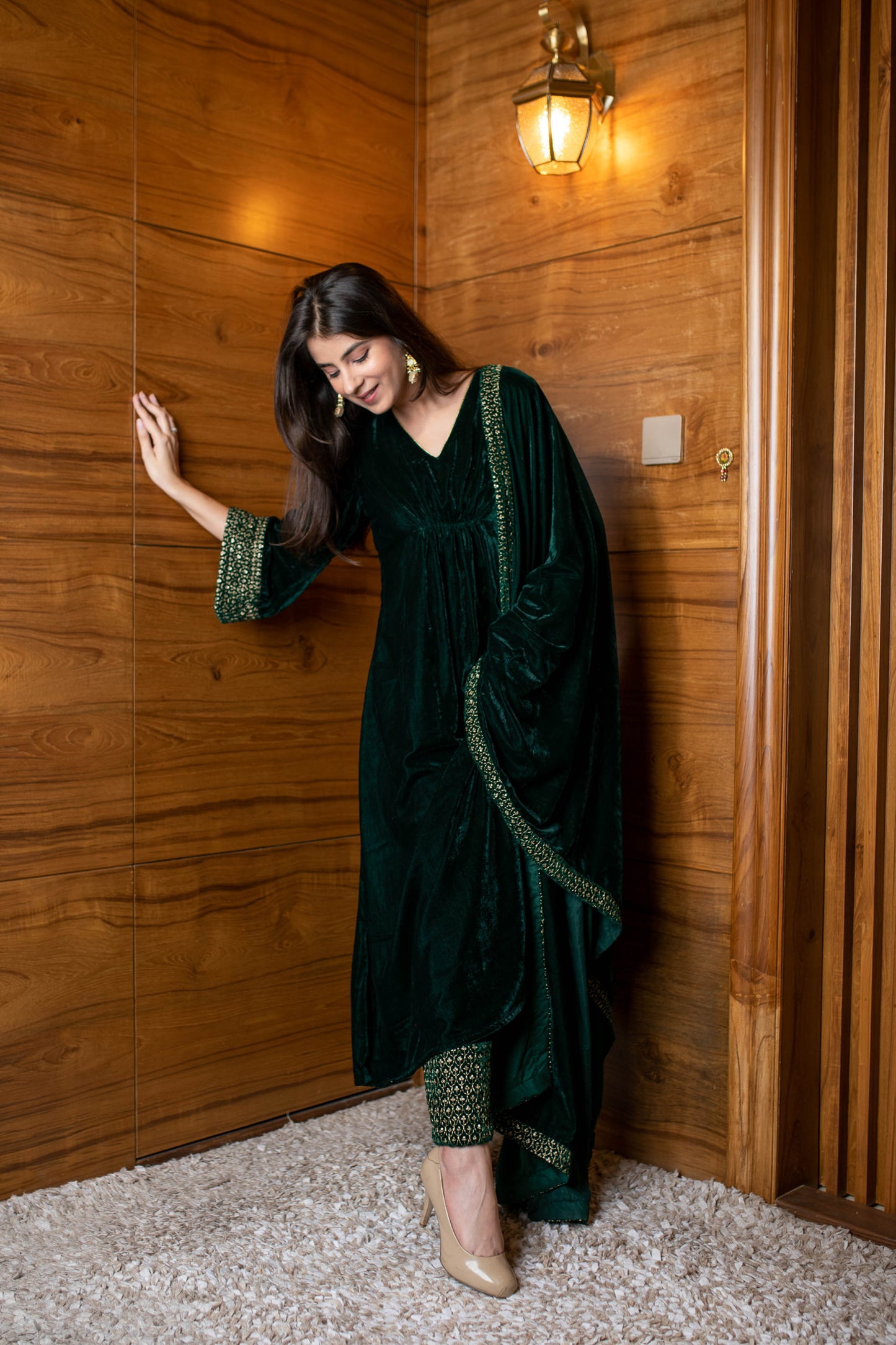 Women's Bottle Green Velvet A Line Kurta Set