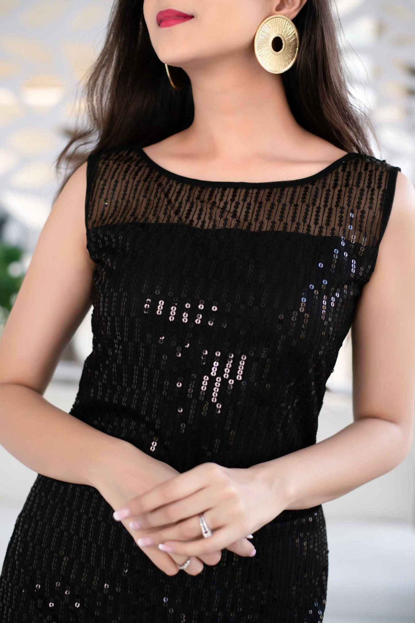 Women's Black Sequin Work Short Dress (1pc)
